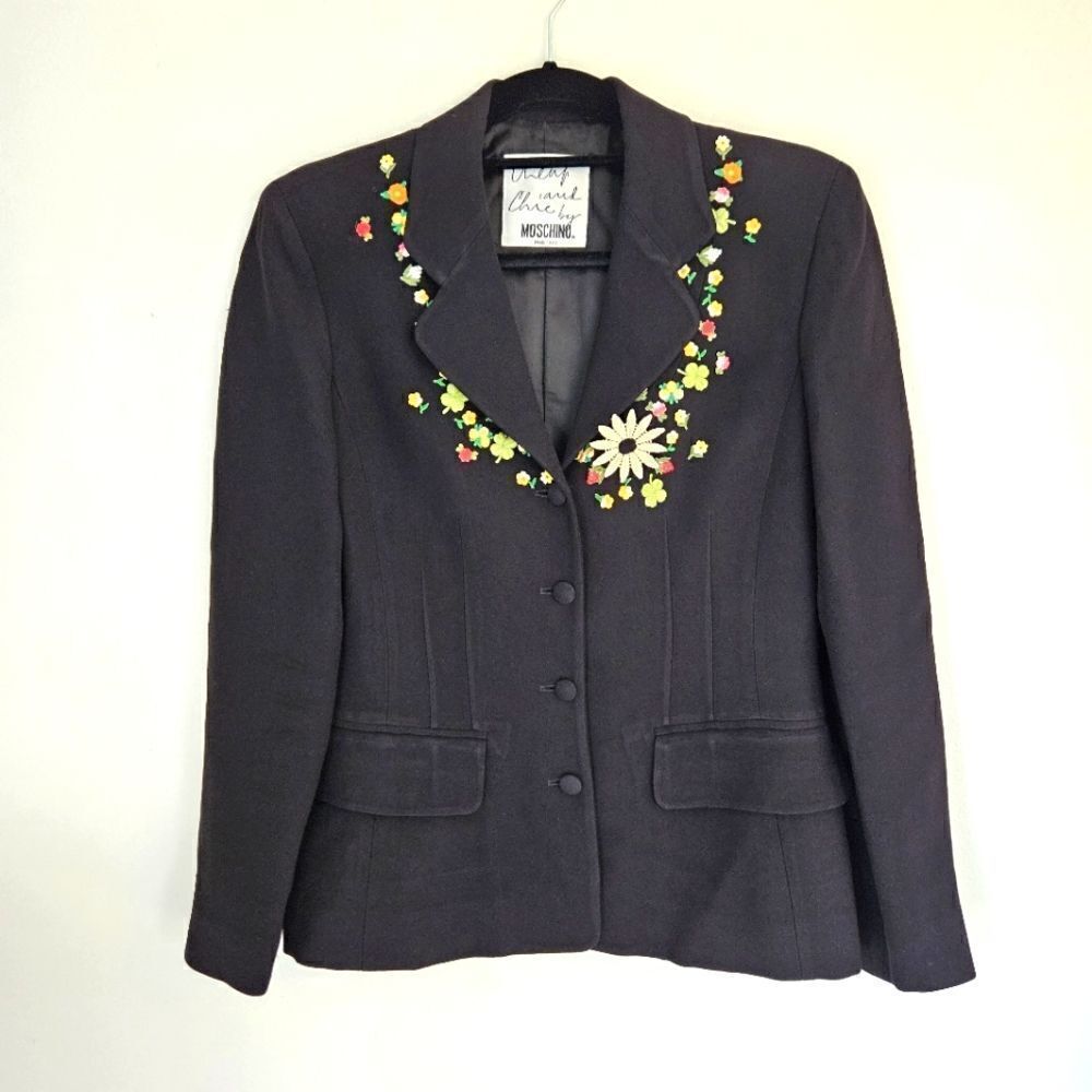 Vintage Moschino Flower Child Black Floral Tailored Embroidered Blazer Jacket 10